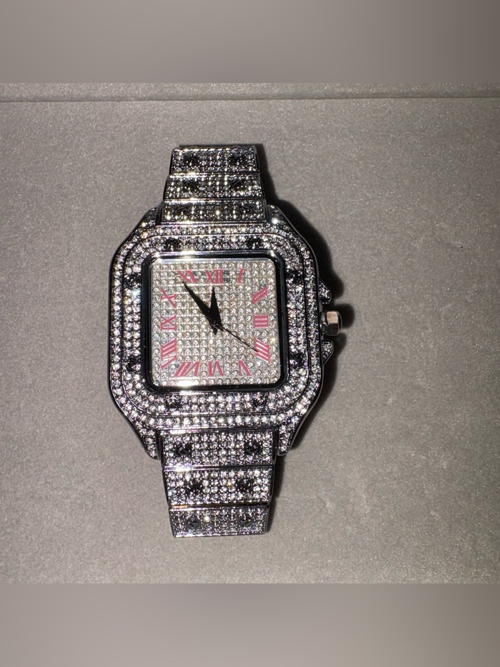 Inspired Moissanite Square Dial Watch - Red Roman Numeral Accents